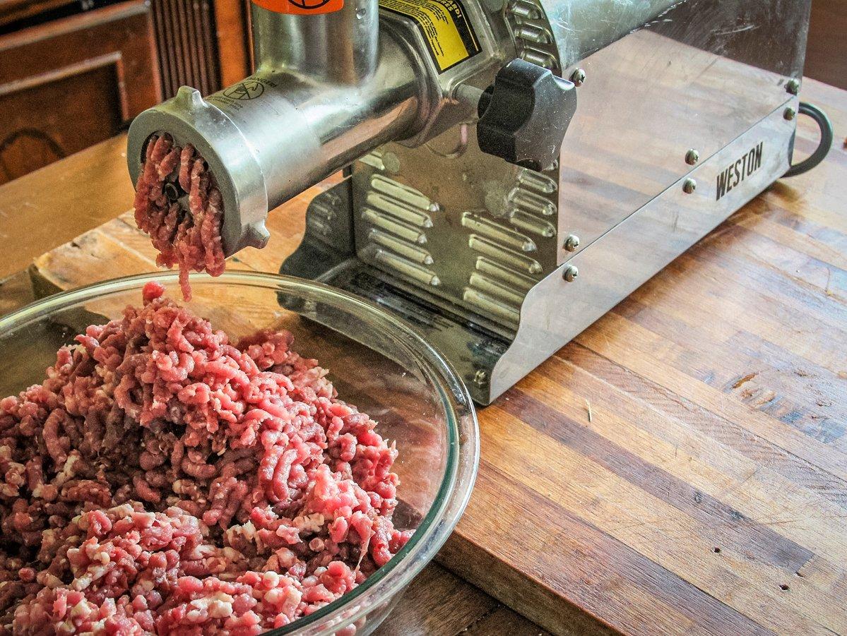 Double grind the meats through the large plate on your grinder.