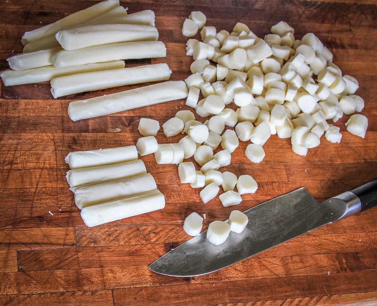 Diced string cheese holds up to the heat of a grill better than regular mozzarella. 