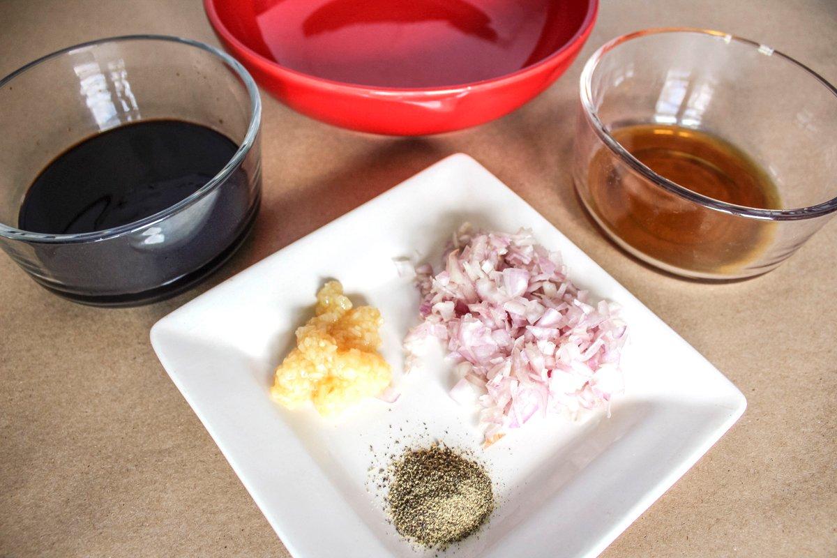 The ingredients for the marinade are Asian inspired with soy, sesame, garlic and shallot.