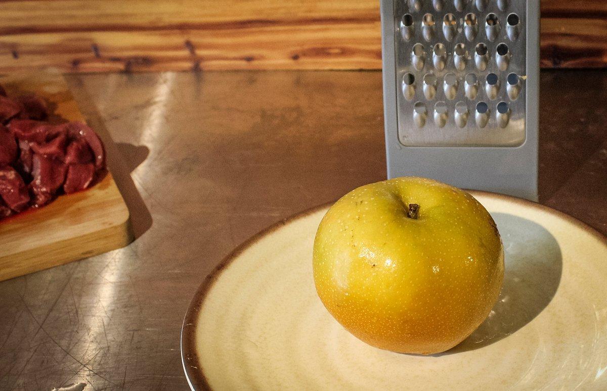 Grate an Asian pear to add to the marinade.