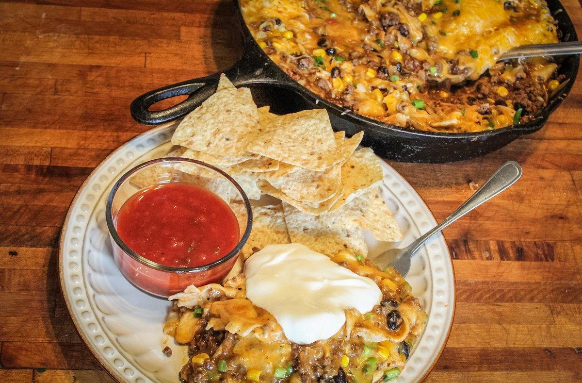 Serve the burrito skillet with chips and salsa for a full meal.