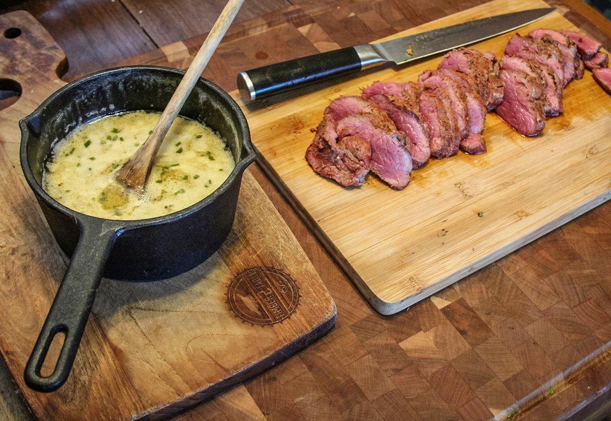 Serve the sauce from the pan and the backstrap from the cutting board, or plate it up and pour the butter sauce into a bowl.