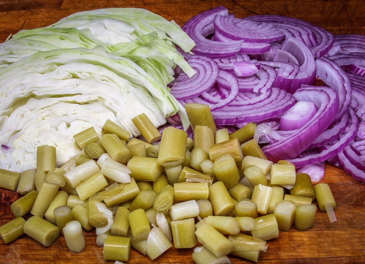 Use either fresh cattail stalks, or chopped cattail dill pickles in the recipe.