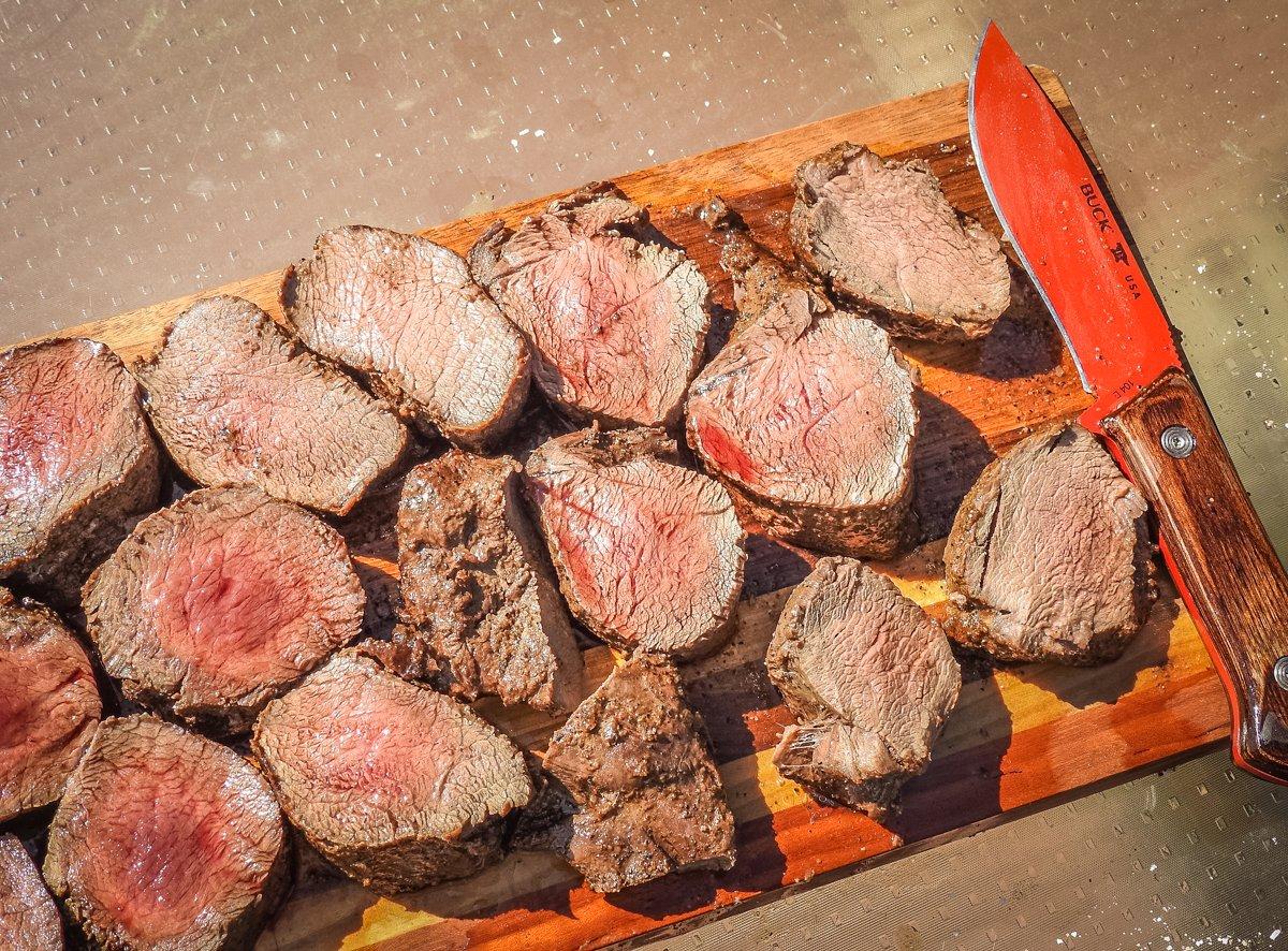The backstrap will be crispy and flavorful on the surface, but juicy and medium-rare inside.