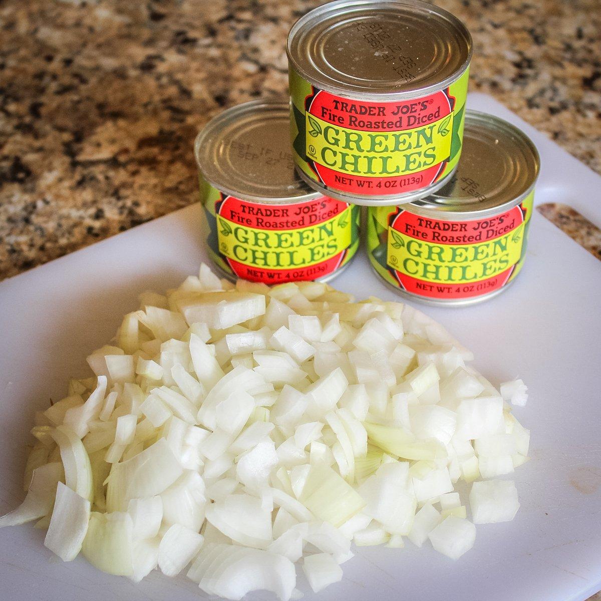 Canned fire-roasted green chile peppers and onions load the casserole with flavor.