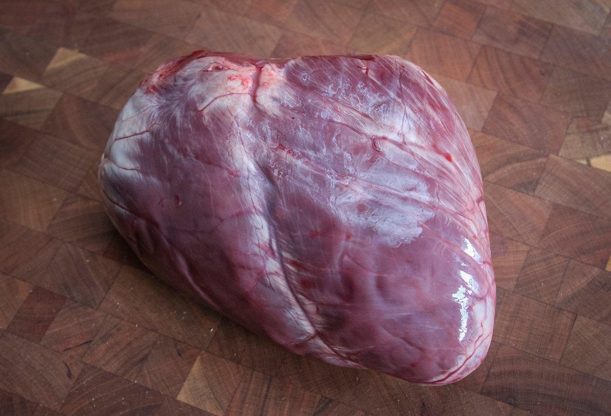 To prep the heart, simply trim away any fat and connective tissue, then cut into bite sized pieces.
