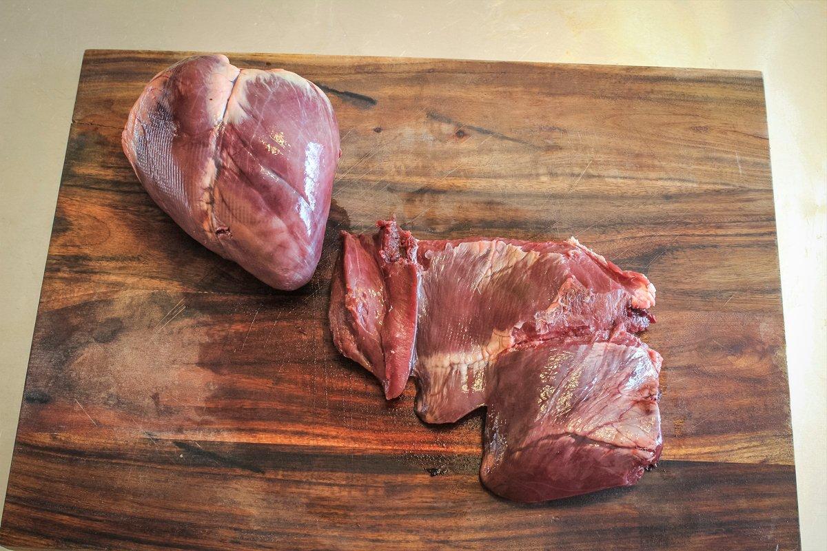Trim hearts of all fat and connective tissue before cutting the meat into bite-sized pieces.