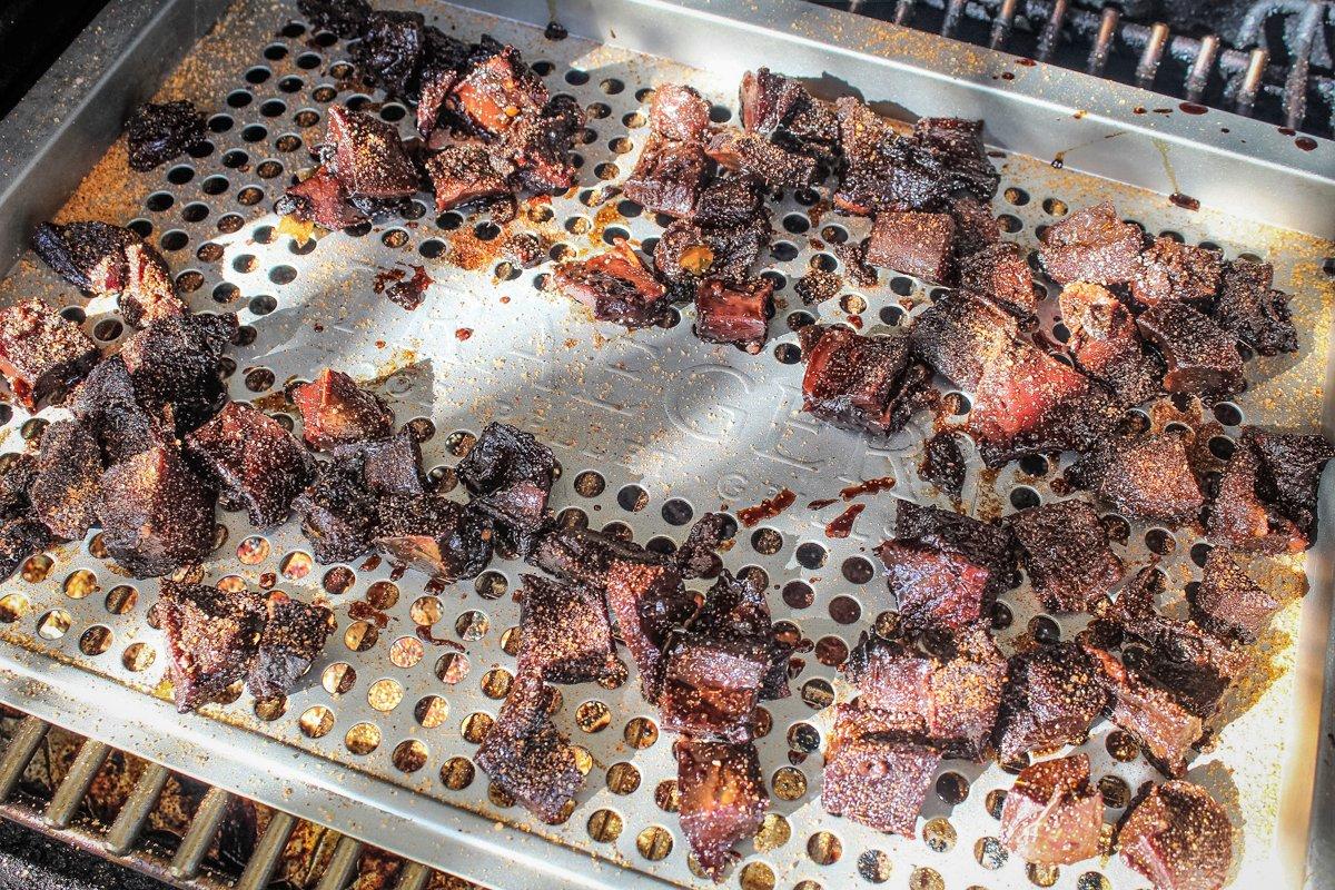 Smoke the jerky at 175 degrees for four to five hours until the jerky is chewy, but not dried out.
