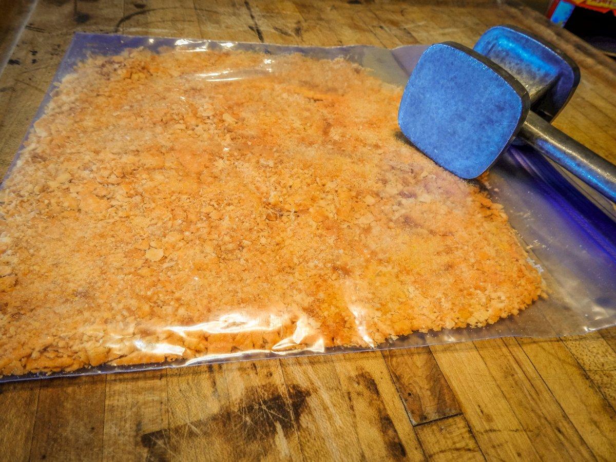 Crush the Cheez It crackers with a meat mallet before blending into the meat mixture.