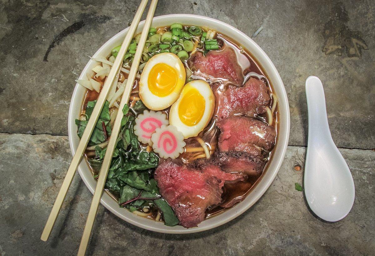 Serve the ramen bowl with traditional chop sticks and a spoon, or just a regular spoon. Either way, it makes a great meal.