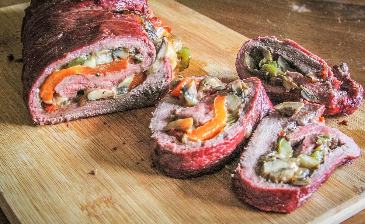 Slice the stuffed backstrap into thin medallions just before serving.