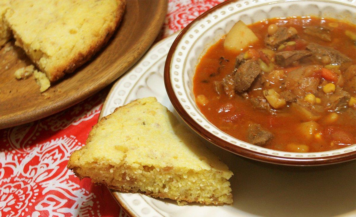 Serve a steaming bowl of venison vegetable soup with a wedge of fresh-from-the-oven cornbread for a complete meal.