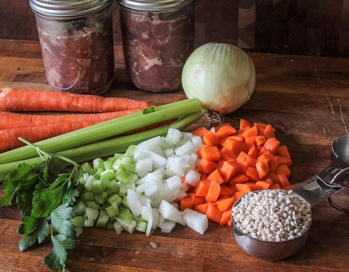 Fresh vegetables and pearled barley combine with canned venison in this soup.