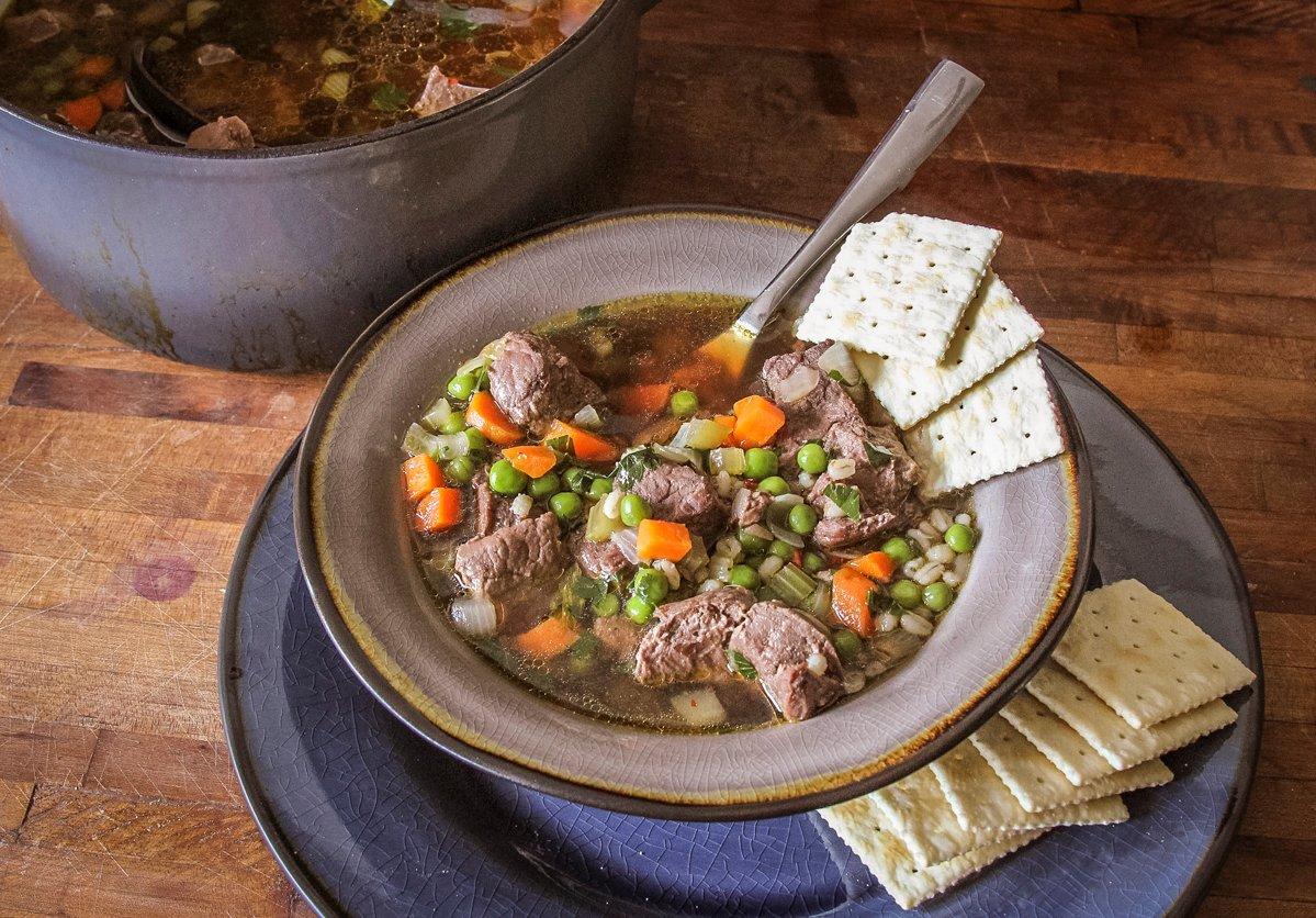 A bowl of this canned venison and barley soup is hearty enough to make a meal.