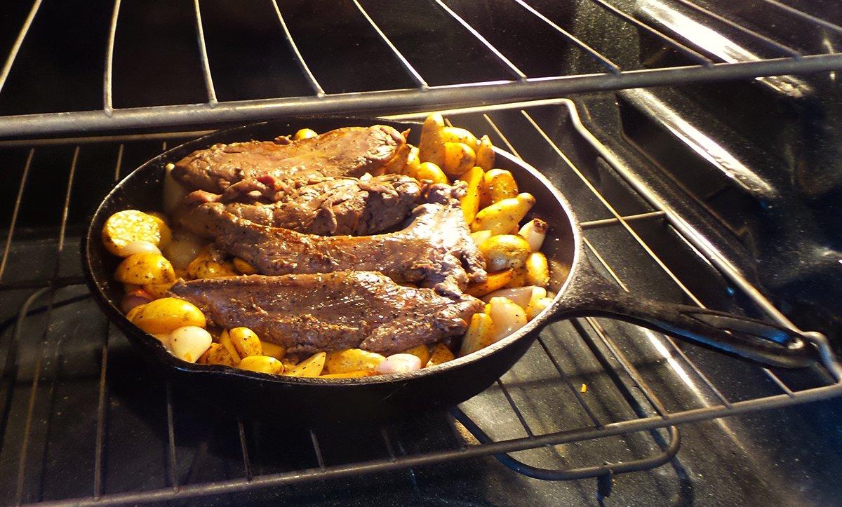 A well-seasoned iron skillet is perfect for this recipe since it can move from stove top to oven.