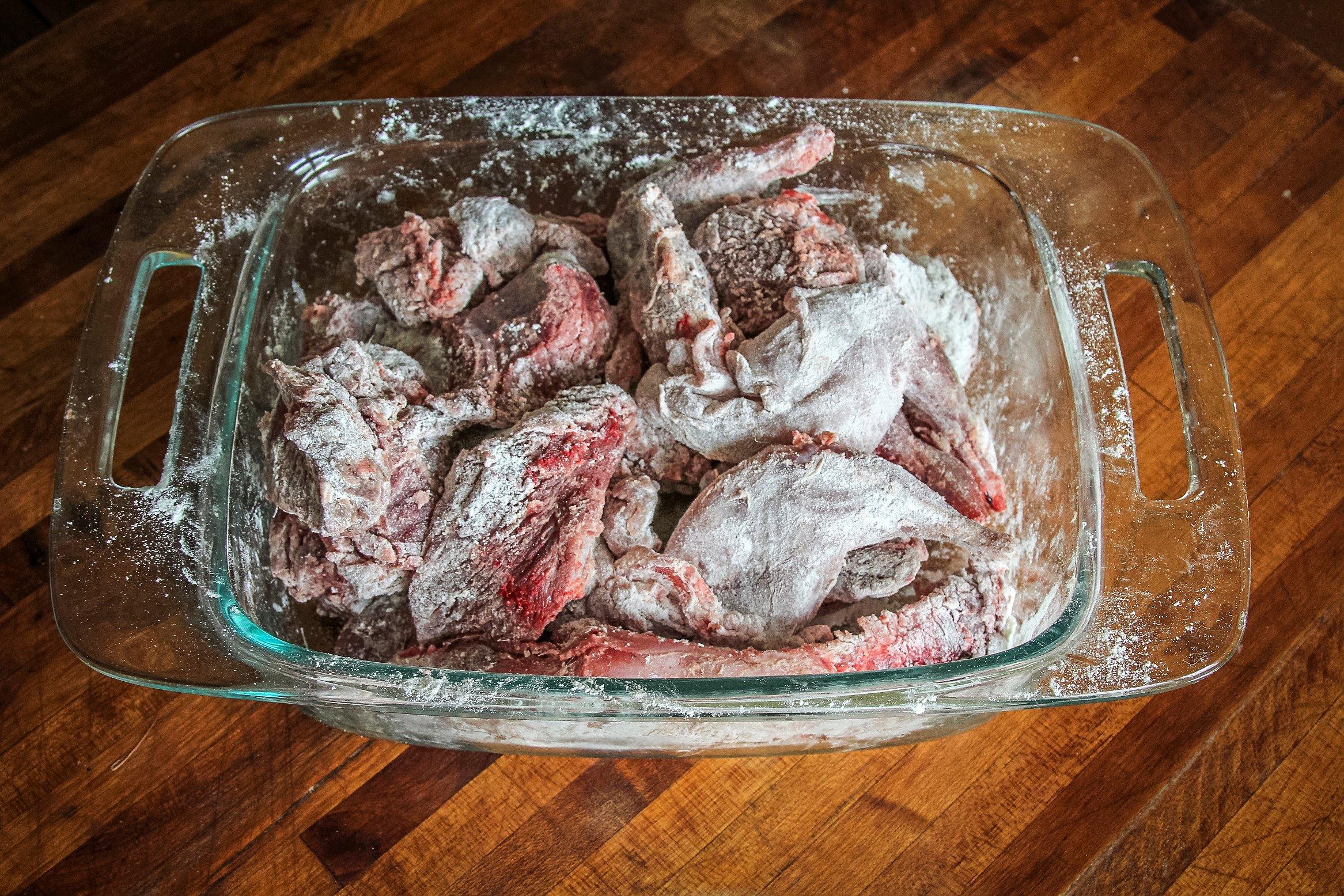 Dust the meats lightly with flour before browning in olive oil.