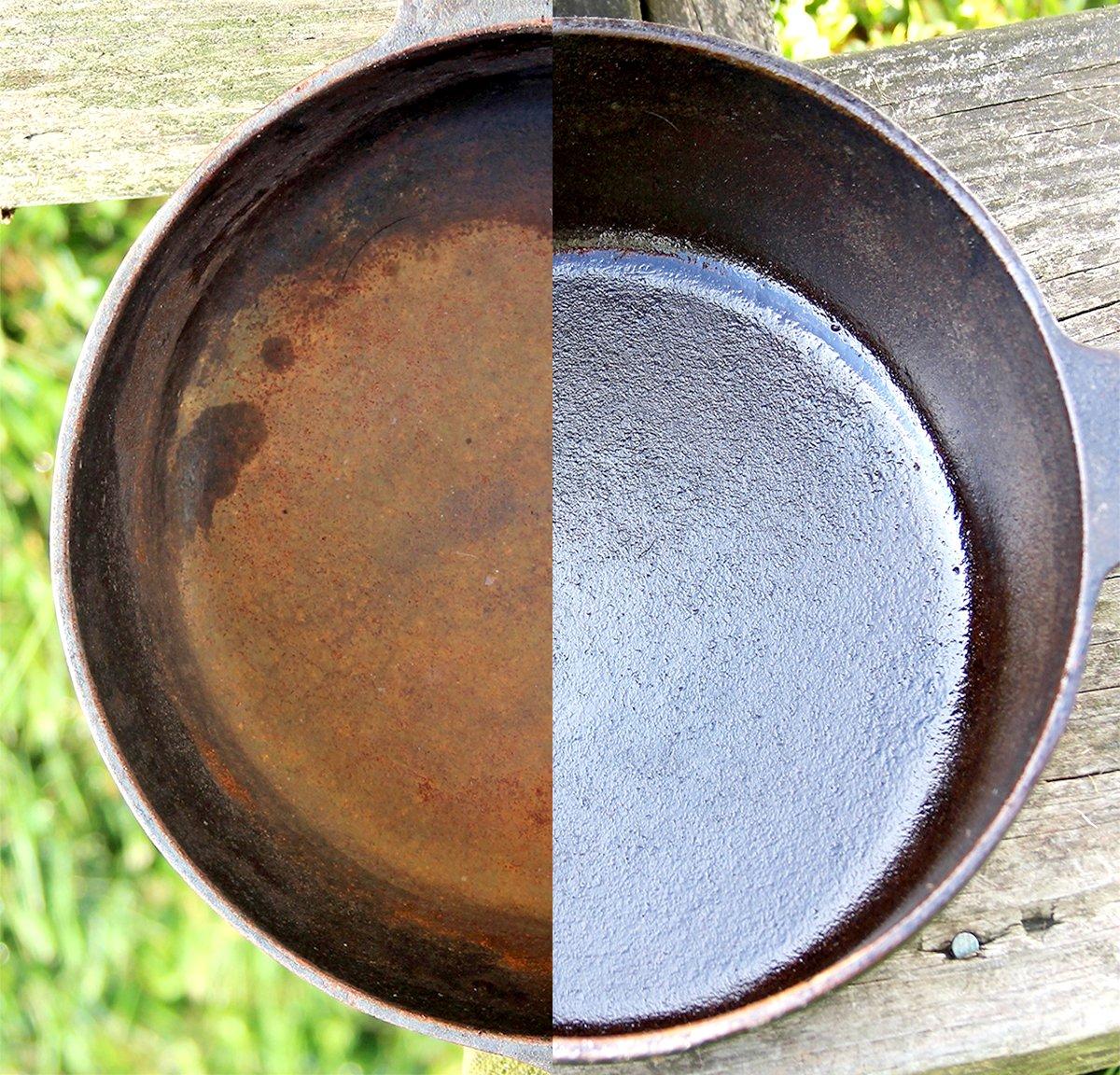 The same skillet, before and after a soak in the E-tank and reseasoning.