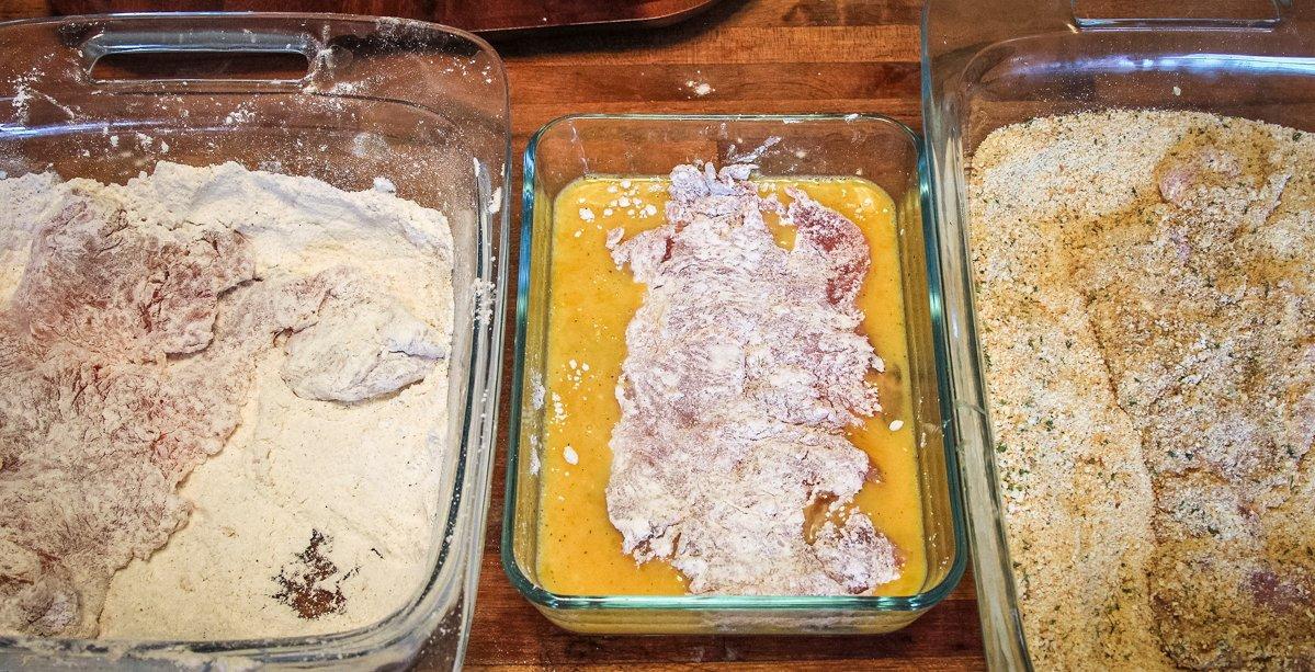 Dredge the turkey in flour first, then beaten egg, then bread crumbs.