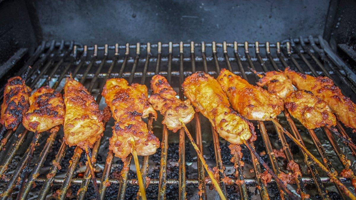Grill the skewers for 7-9 minutes per side or until the turkey is cooked through and the coating has set.