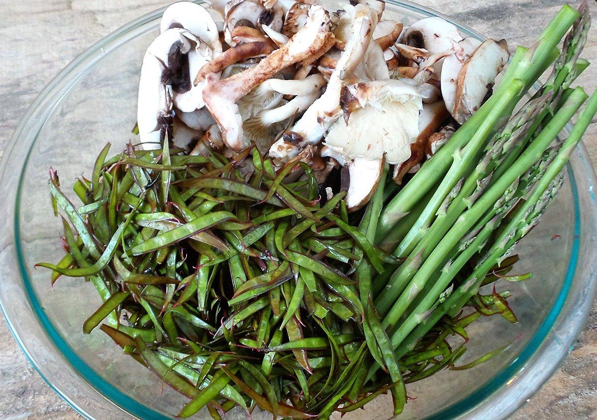 Redbud pods, fresh, local mushrooms and wild asparagus match up perfectly with wild turkey breast.