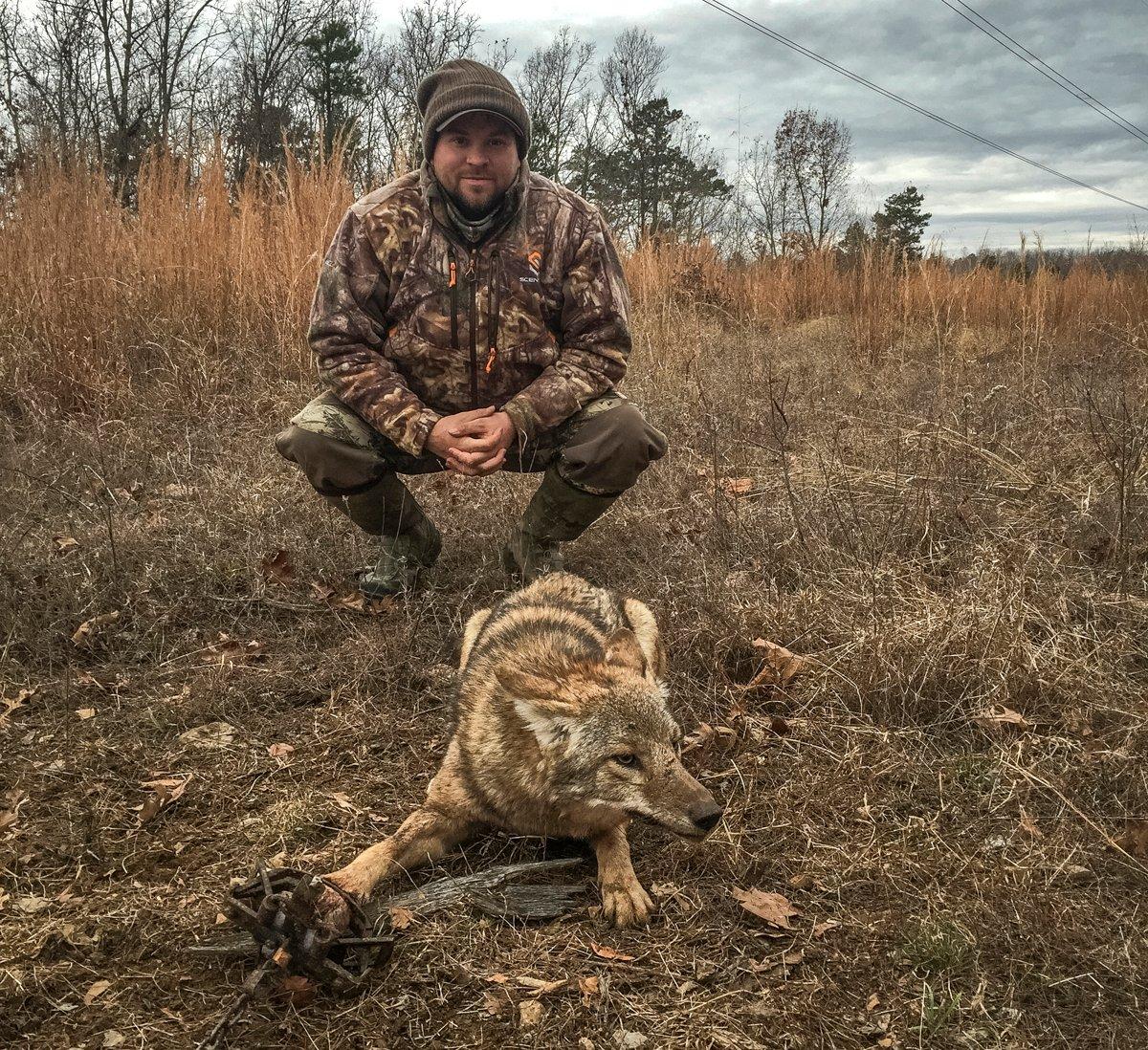 Randy Birdsong with a trapped coyote. (Randy Birdsong photo)