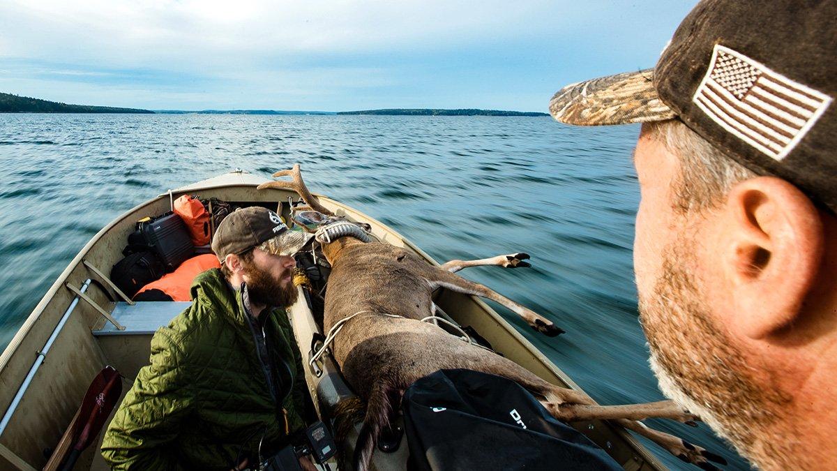 The Sea Bucks crew heads home with a giant island whitetail in the hull. (Sea Bucks image)