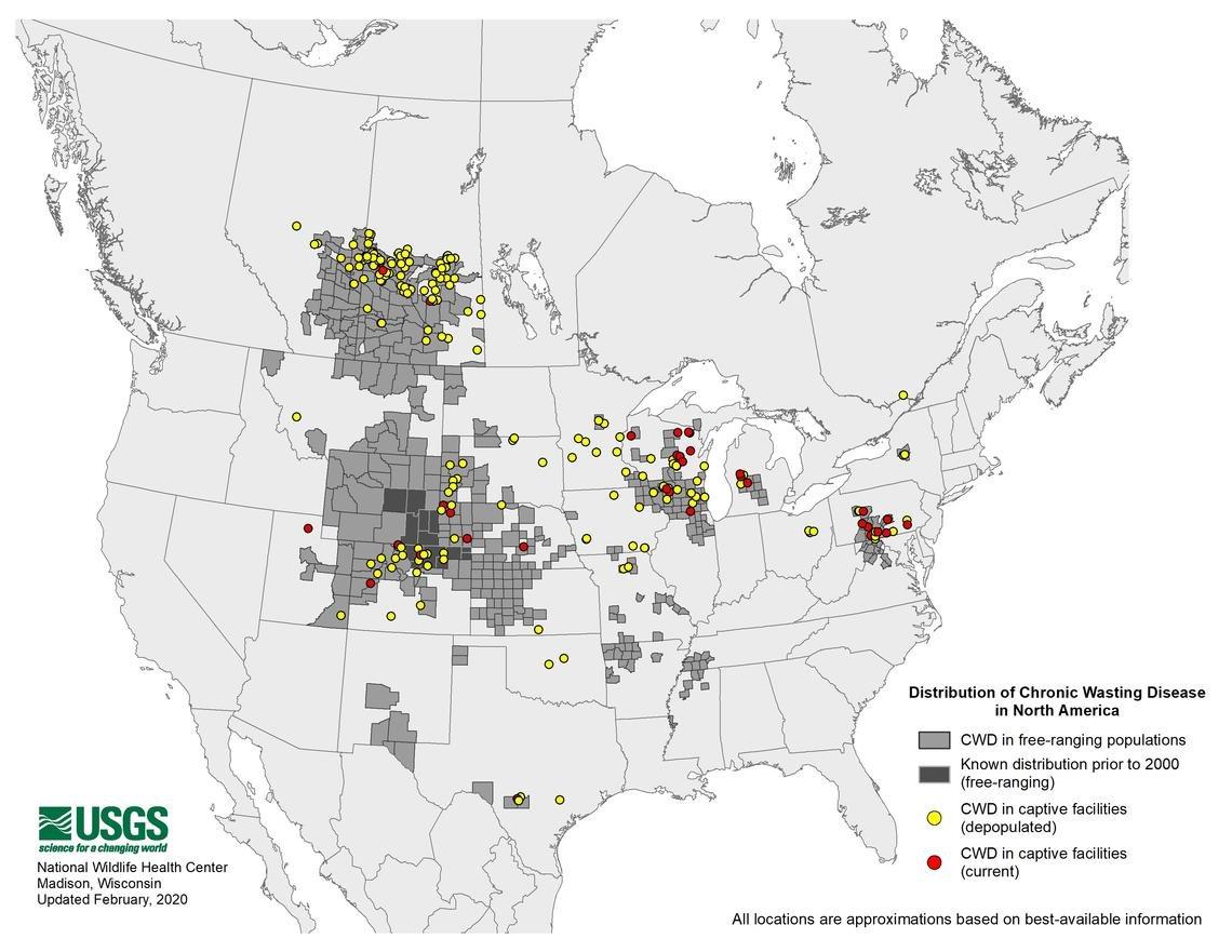 CWD is now in 24 states, two Canadian provinces, and several countries on other continents. (Graph courtesy of USGS / National Wildlife Health Center)