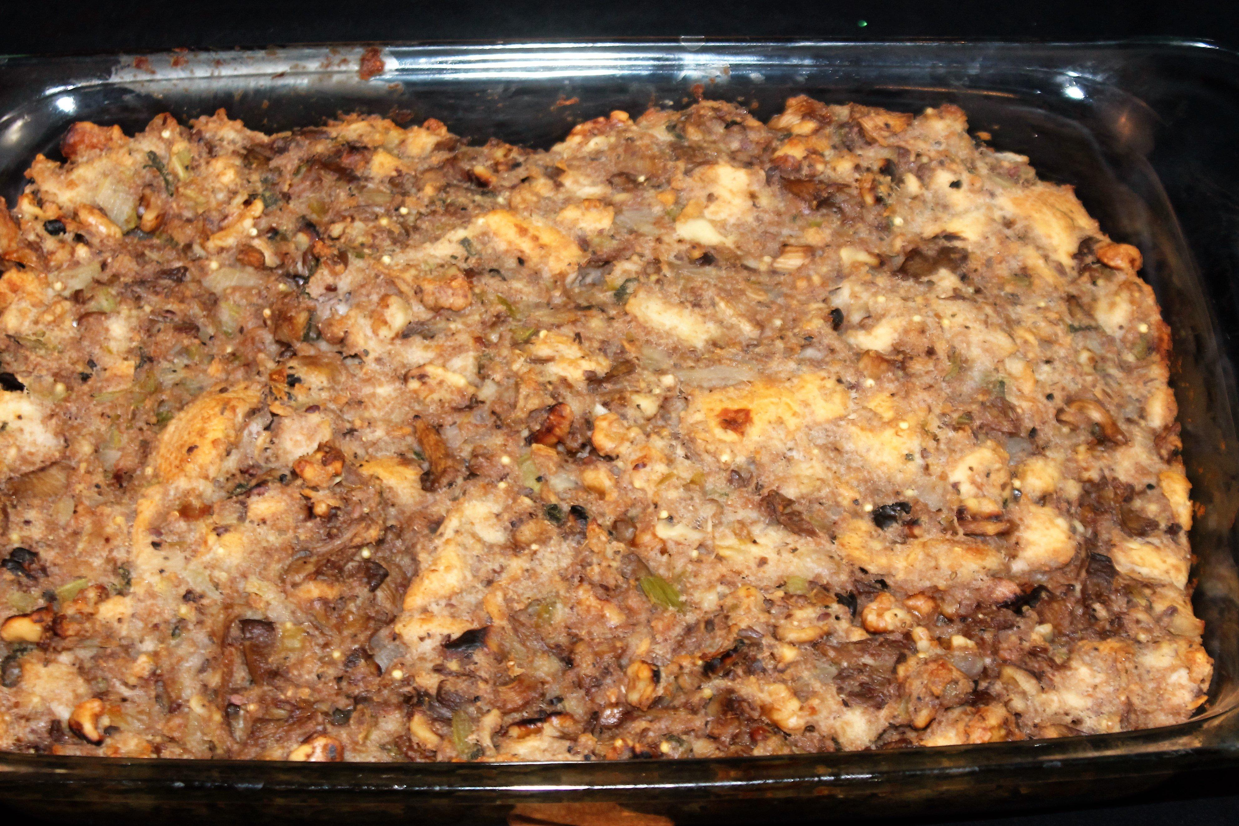 A pan full of Wild Mushroom and Walnut Stuffing is perfect for a Thanksgiving meal.