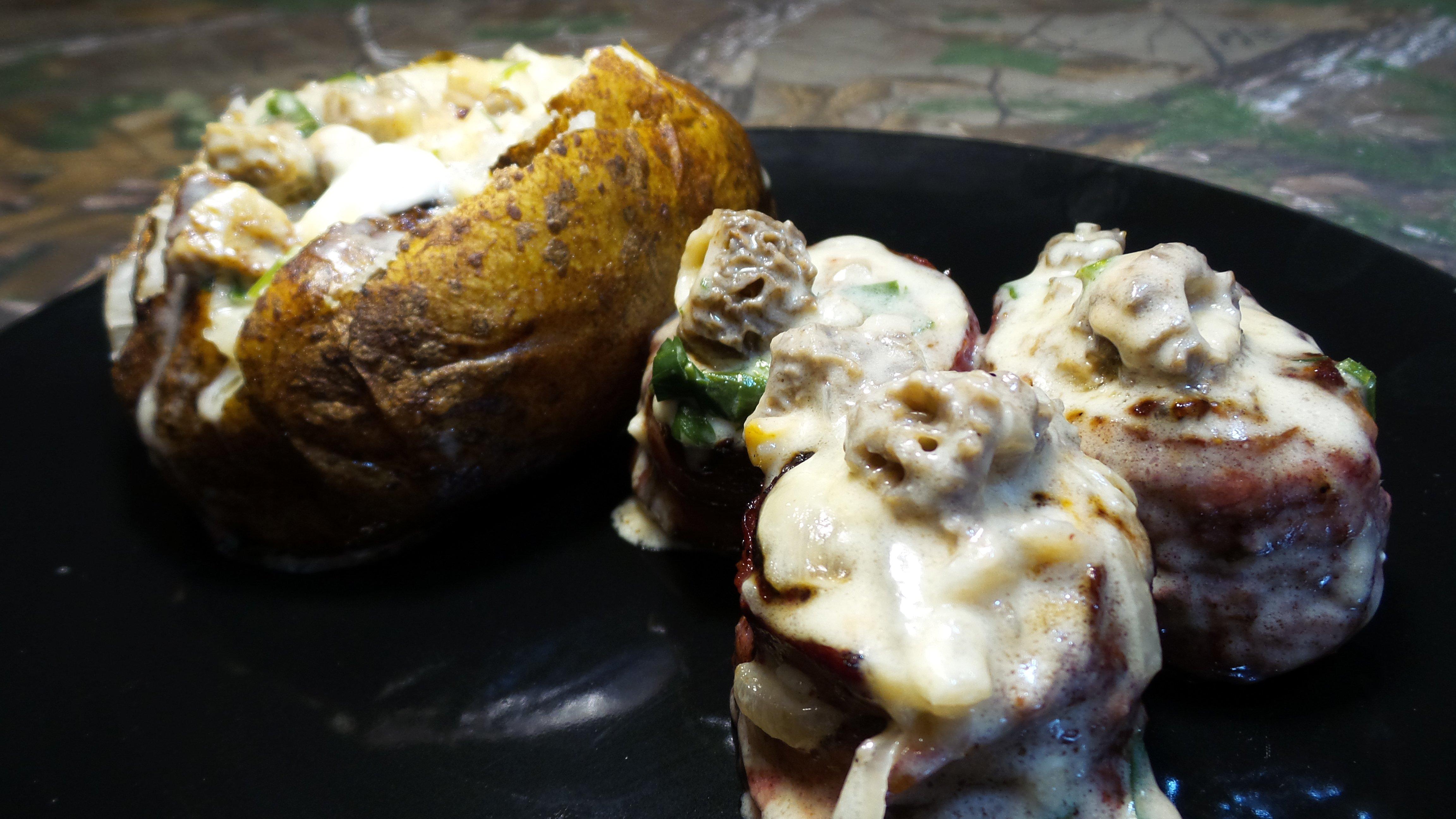 Morel Bourbon Cream Sauce is the perfect topping for grilled backstraps and a baked potato.