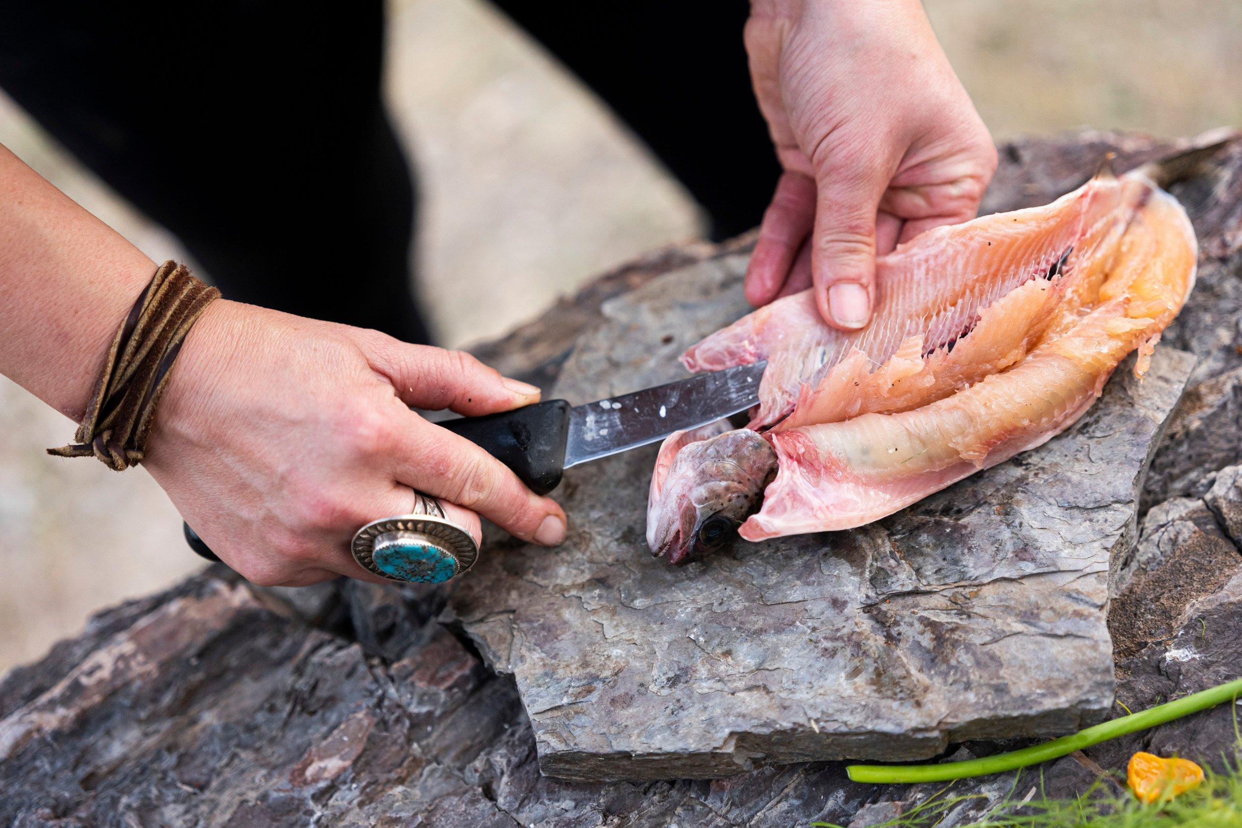 Prepare the trout by removing the backbone from the belly side, leaving the fillets attached by skin at the back. Image by GritMedia