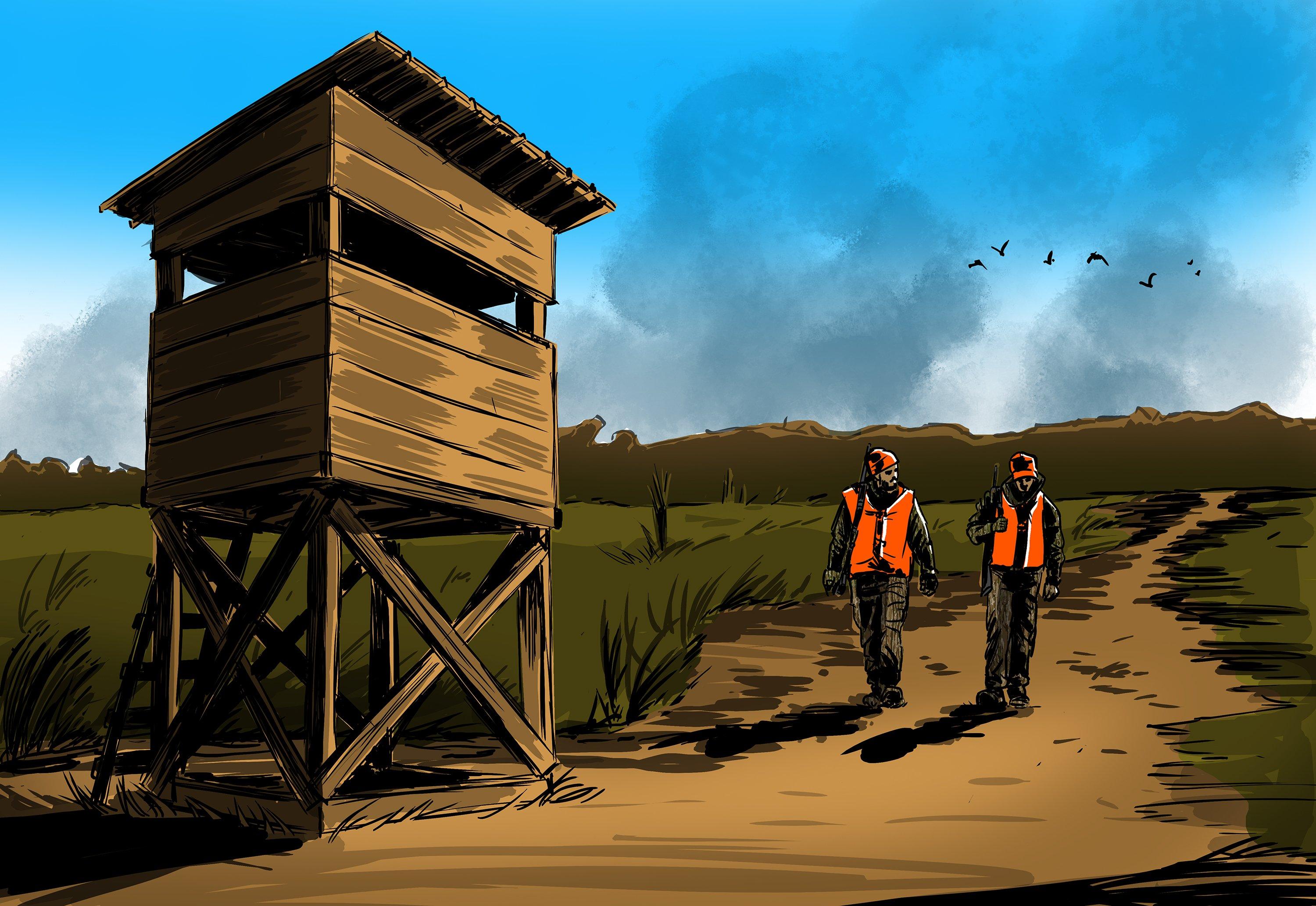 A shooting house keeps you hidden and comfortable for those long sits during gun season. Illustration by Ryan Orndorff