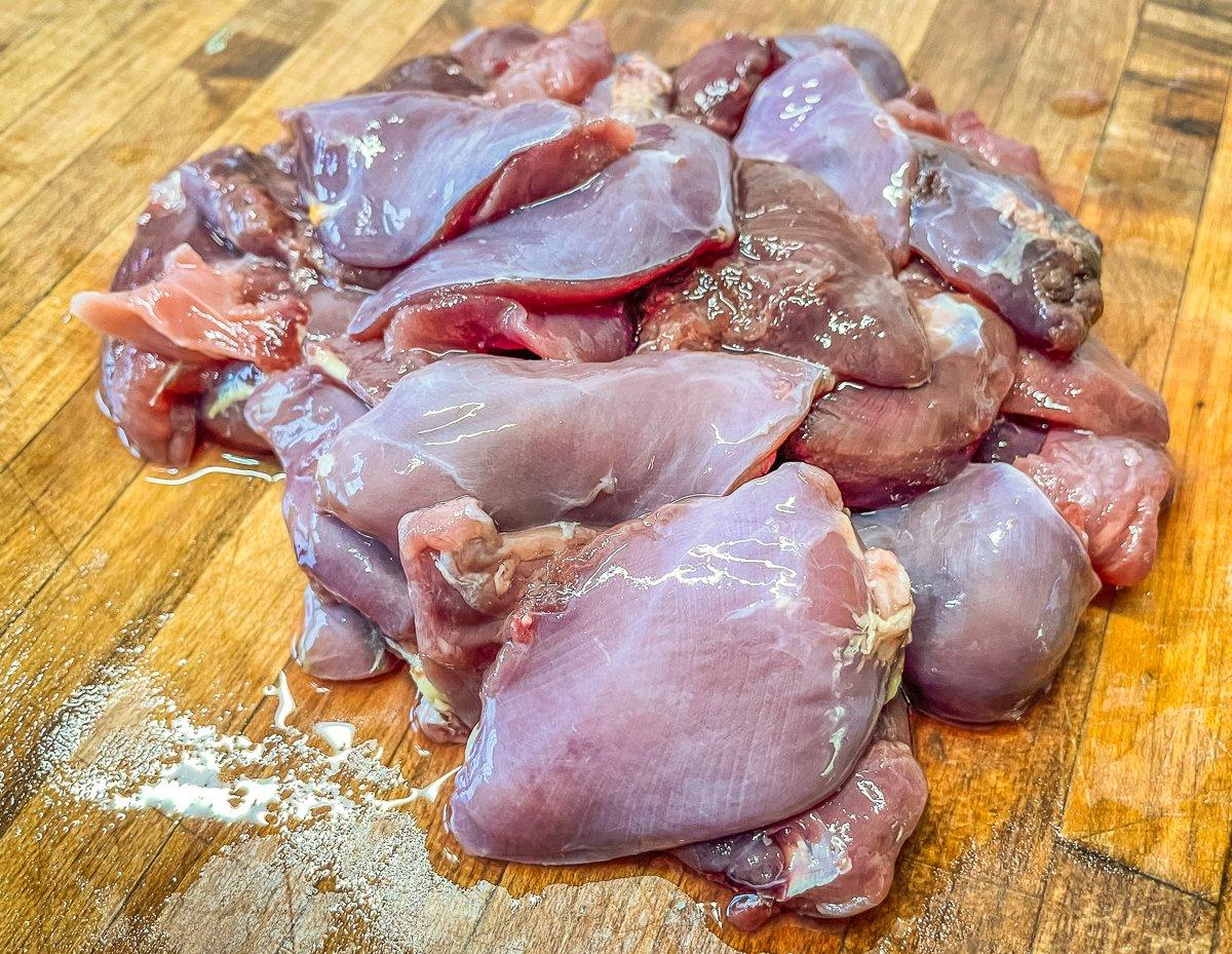 Boneless dove breasts are perfect, but you can also add the hearts and livers for extra flavor.