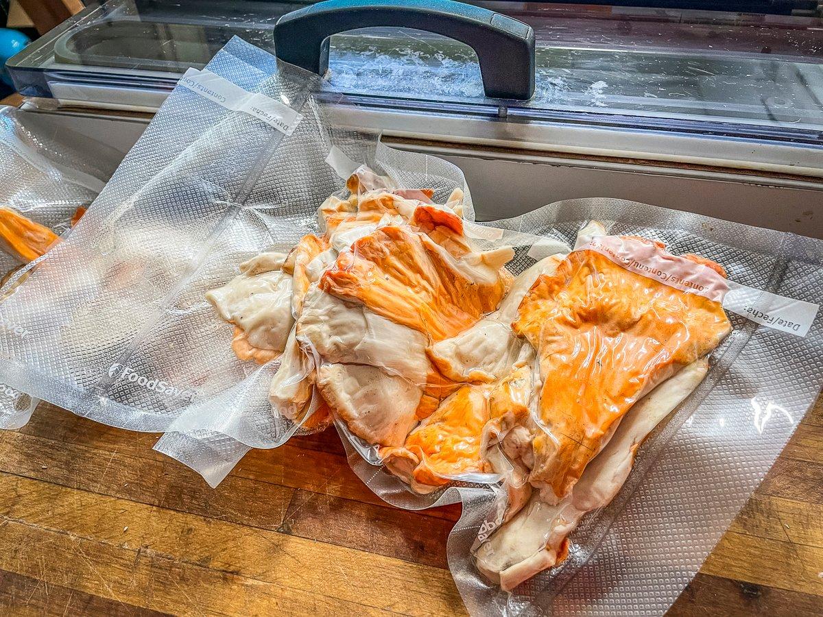 Vacuum sealing and freezing is the most effective way to store chicken of the woods for later use.