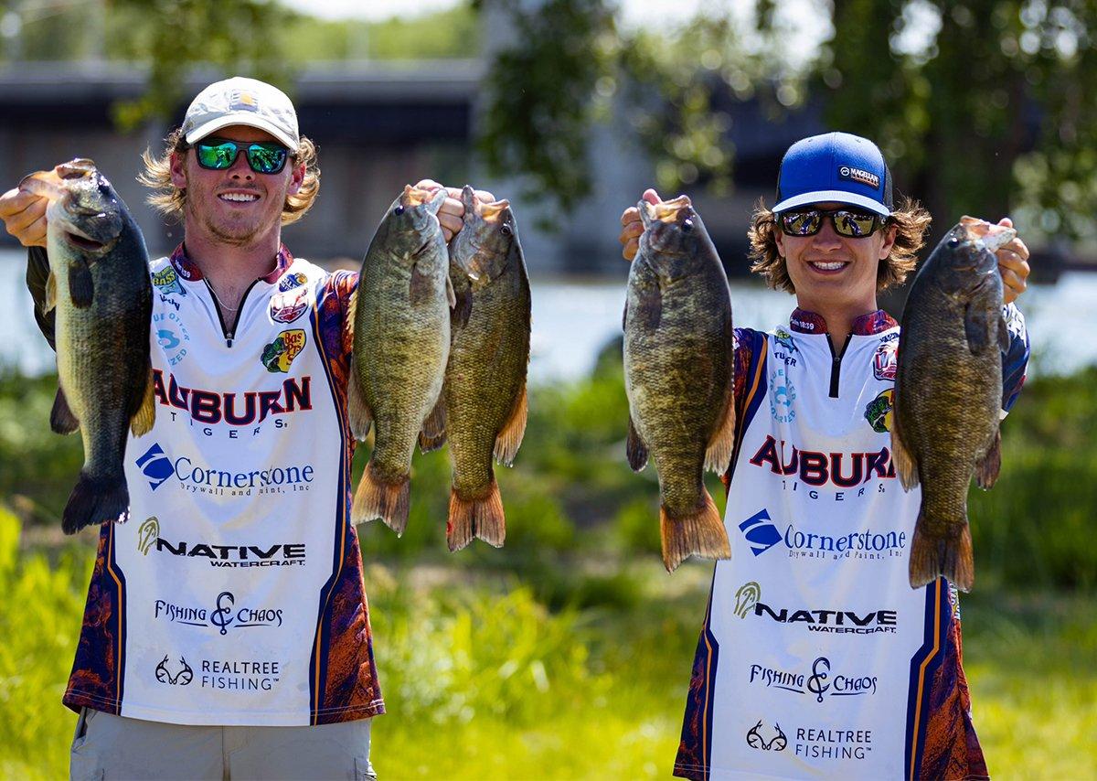 Logan Parks (left) and Tucker Smith (right) show off some big bass. Image by Brandon Fien