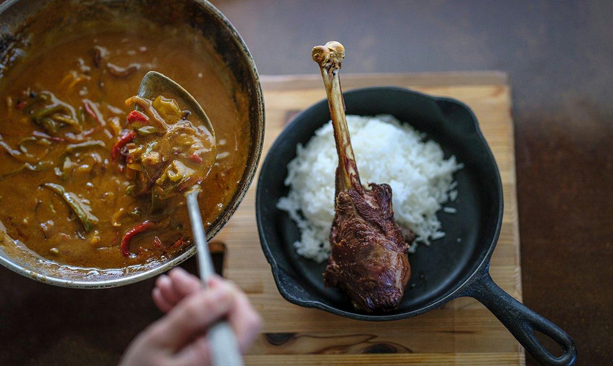 Serve the leg over rice and top both with the stewed vegetables. Image by Grit Media