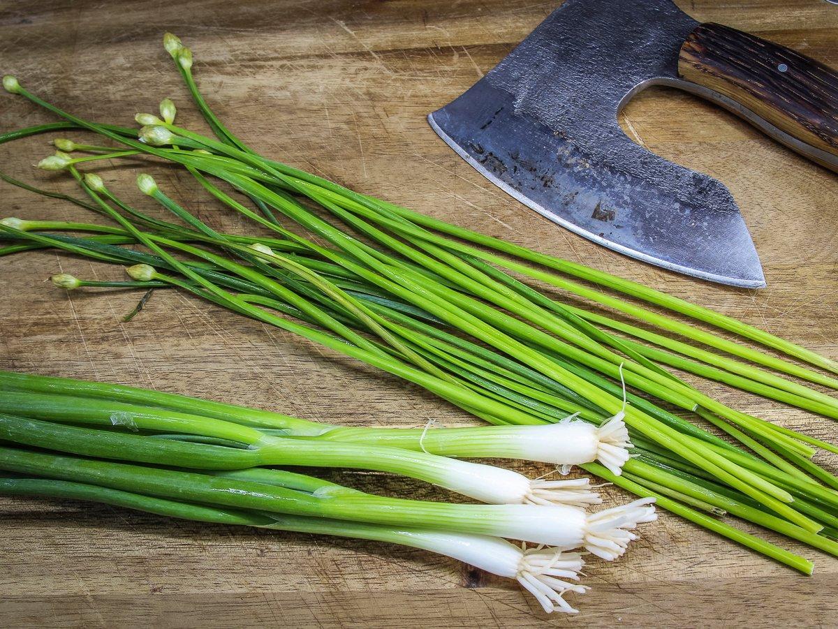 Dice the garlic chives and green onions for the filling.