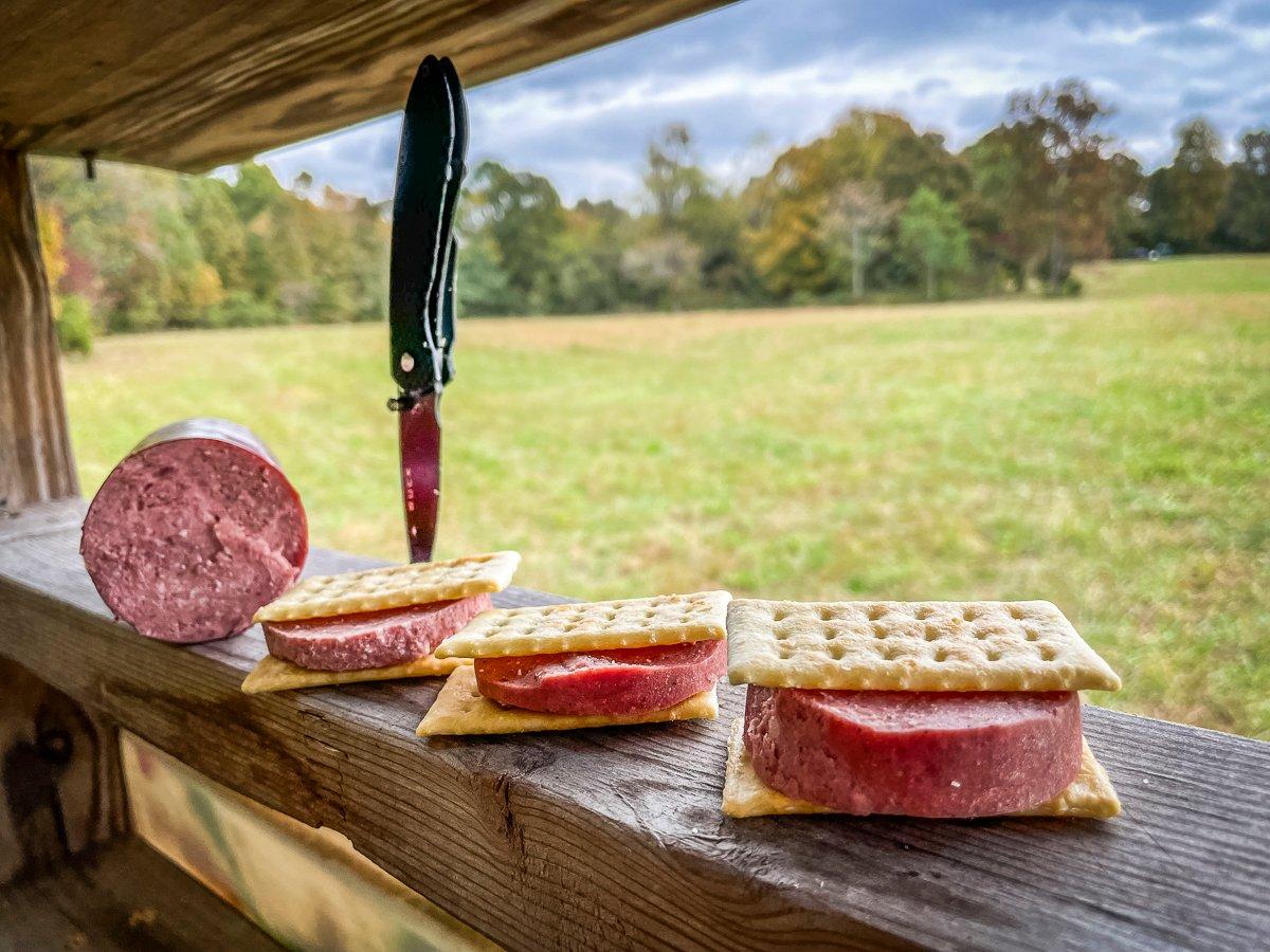 A roll of summer sausage and a few crackers make a great light lunch in the stand. 