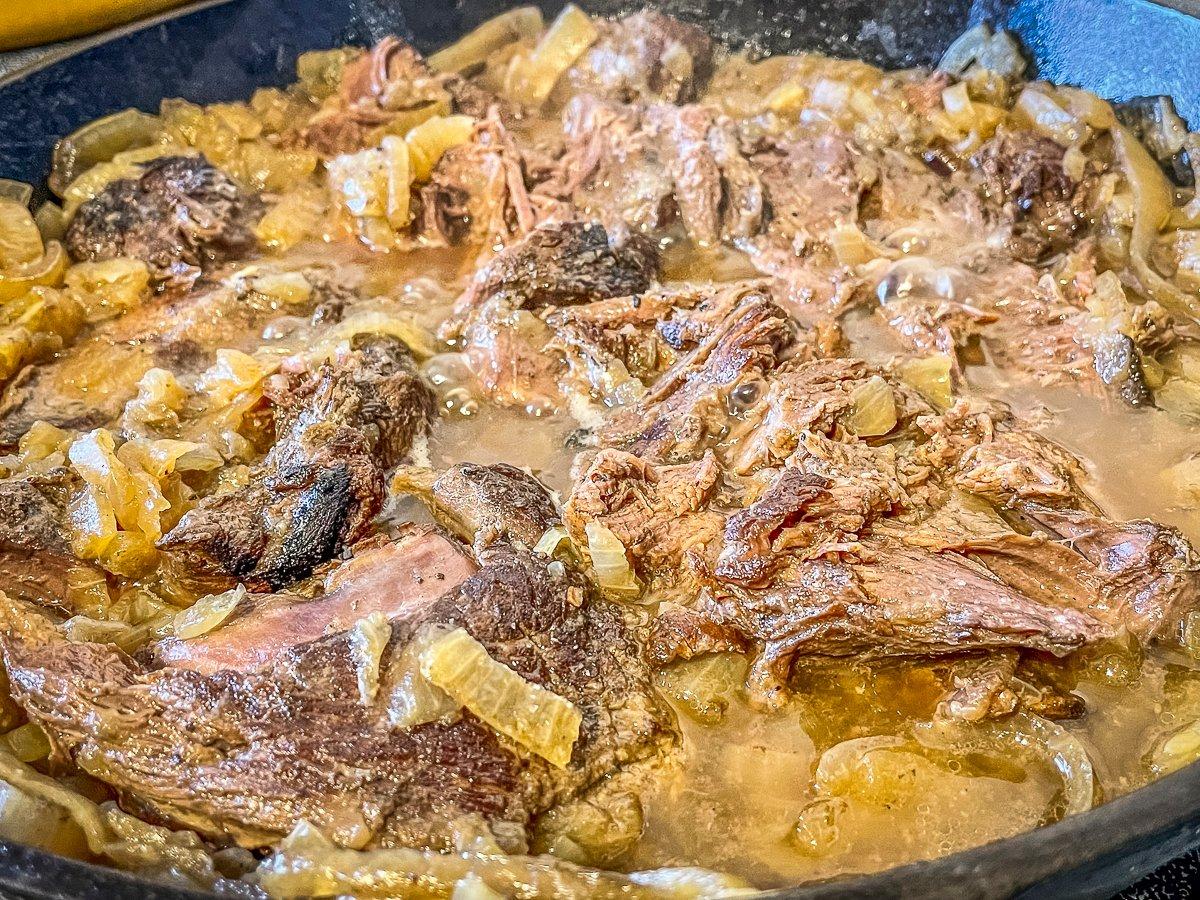 Simmer until the venison is tender and the onions form a thick gravy.