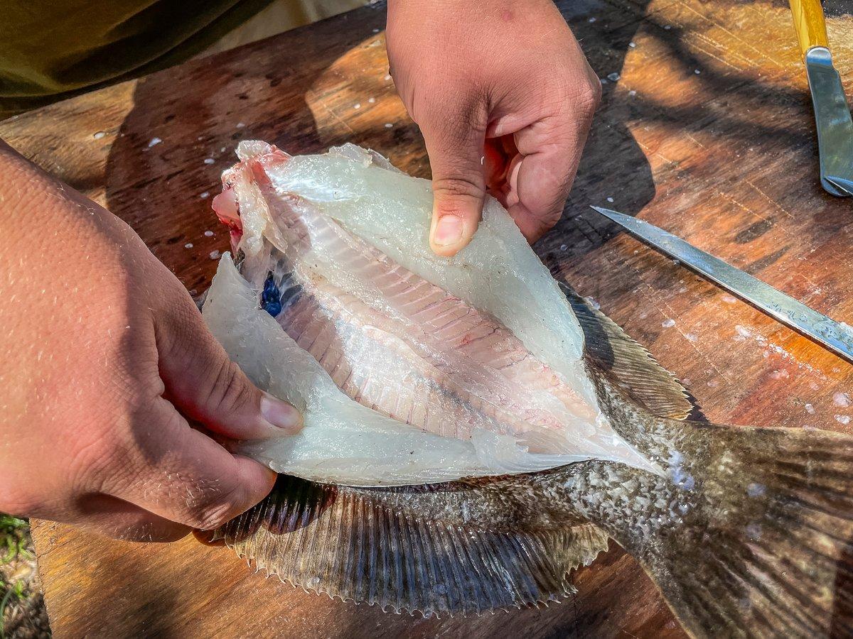 Scale the flounder, then fillet down both sides of the top to form a pocket for stuffing.