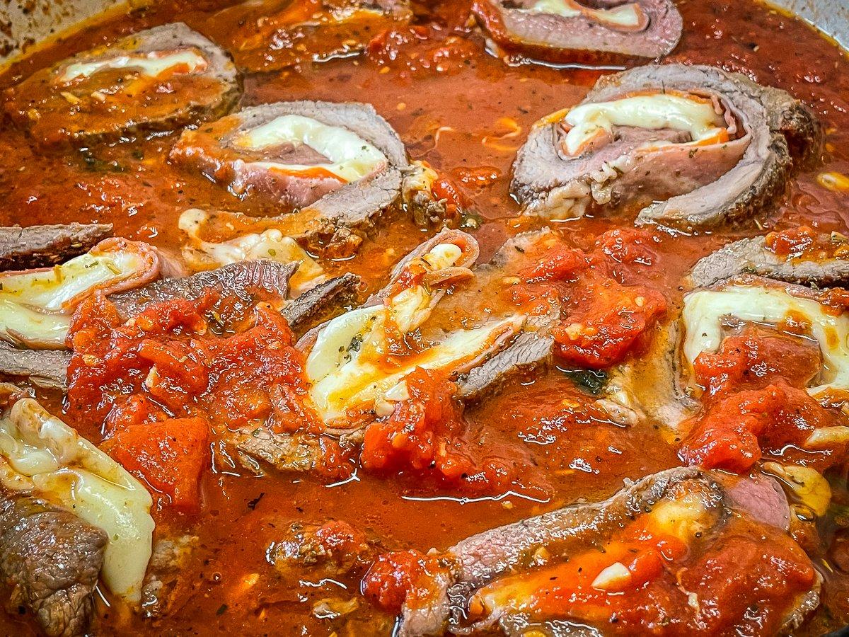 Simmer the sliced medallions in the sauce before plating.