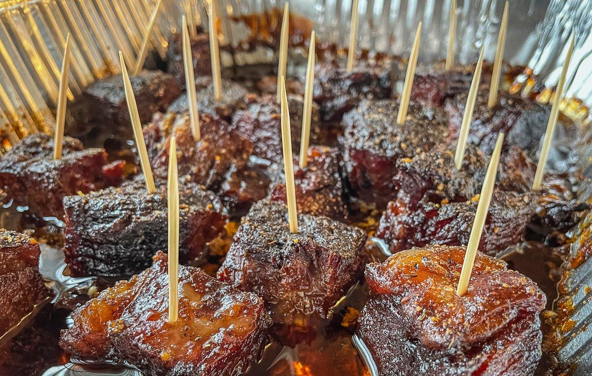 Toothpicks make a quick and easy serving method for burnt ends.