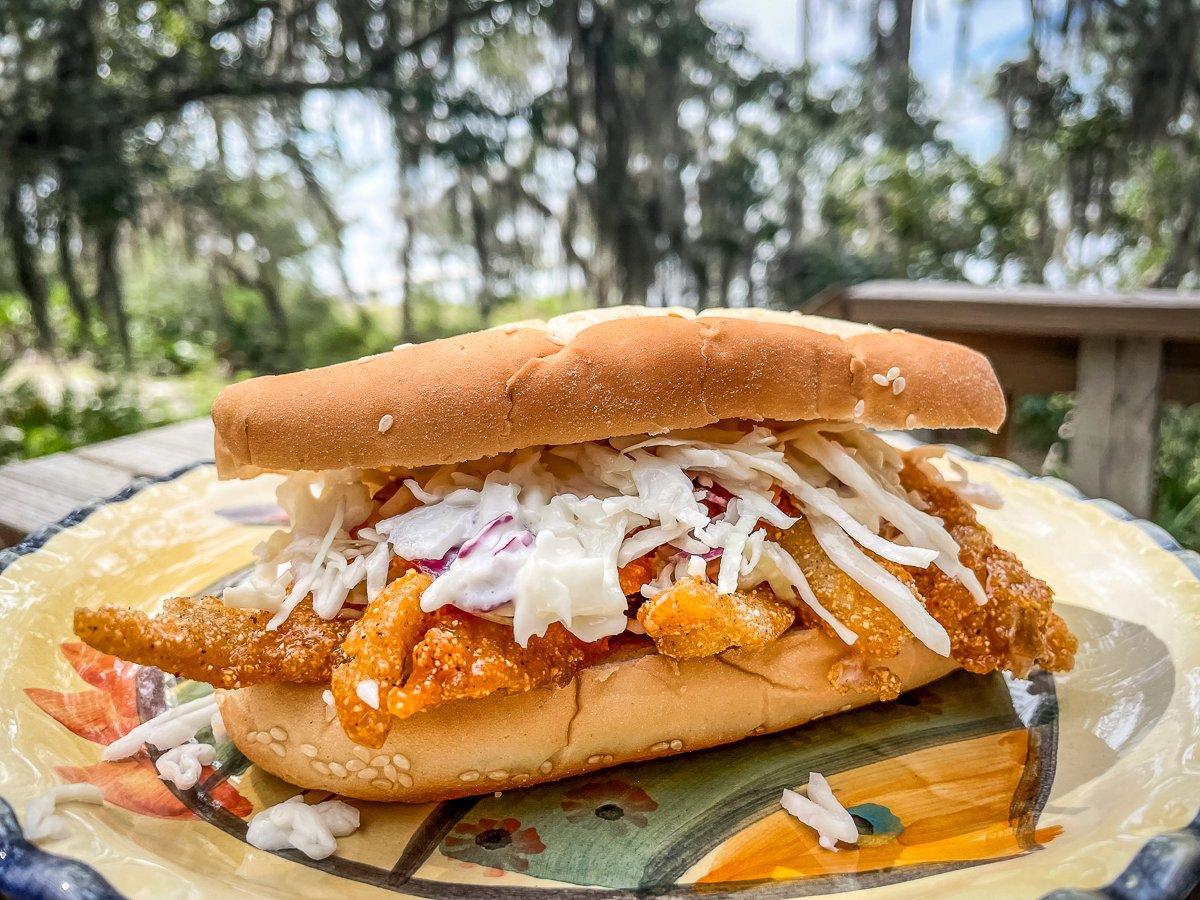 Creamy cole slaw pairs perfectly with the spicy fish.