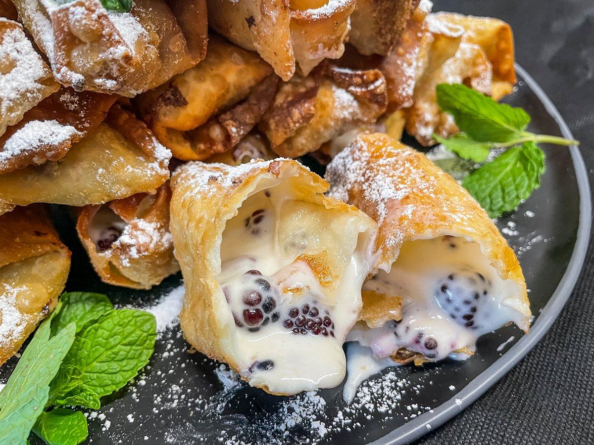 The creamy blackberry cheesecake filling is a nice contrast to the crispy egg roll wrapper.