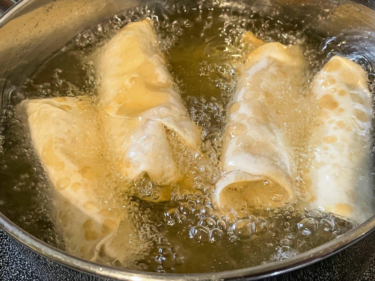 Fry the rolls a few at a time in 350 degree oil.