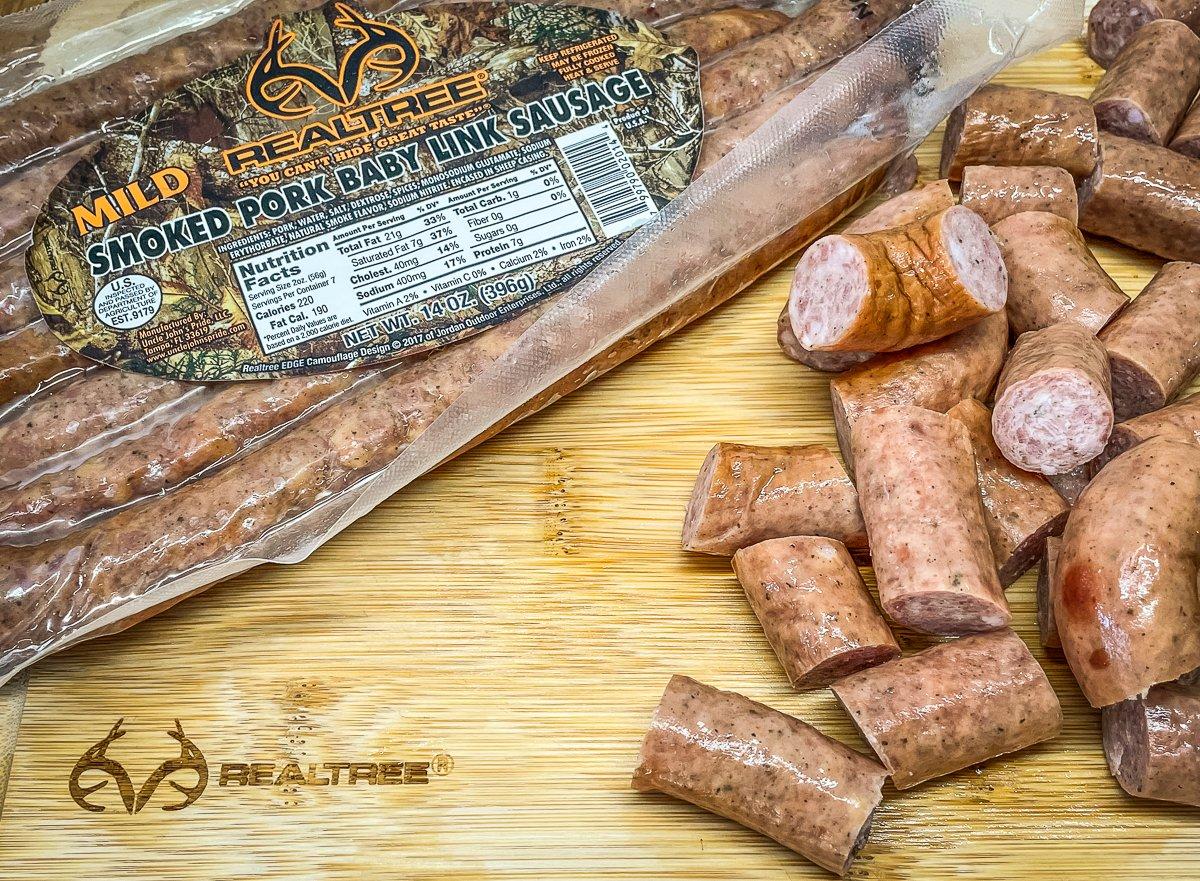 Cut up the Realtree smoked sausage and add it to the cooked peas.