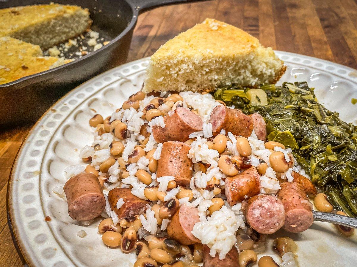 Adding Realtree smoked sausage and rice to your black-eyed peas makes them as delicious as they are lucky.