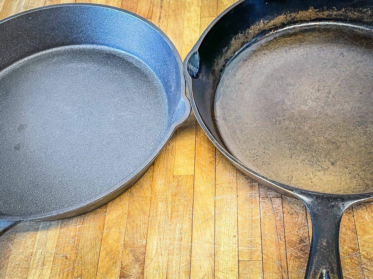 Modern cast iron, at left, is much rougher than pans made before the mid 1940s, like the one at right.