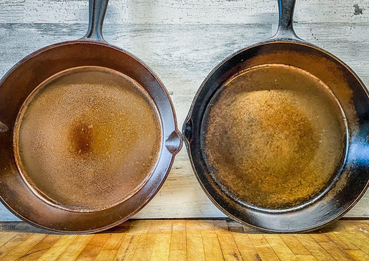 The surface of the newly smooth modern skillet, left, is now just as slick as the antique pan's.