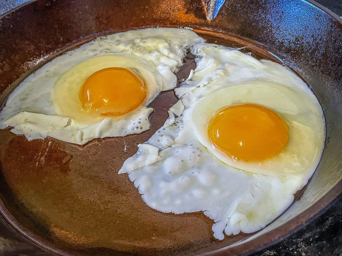 The newly smoothed and seasoned skillet will cook fried eggs without sticking.