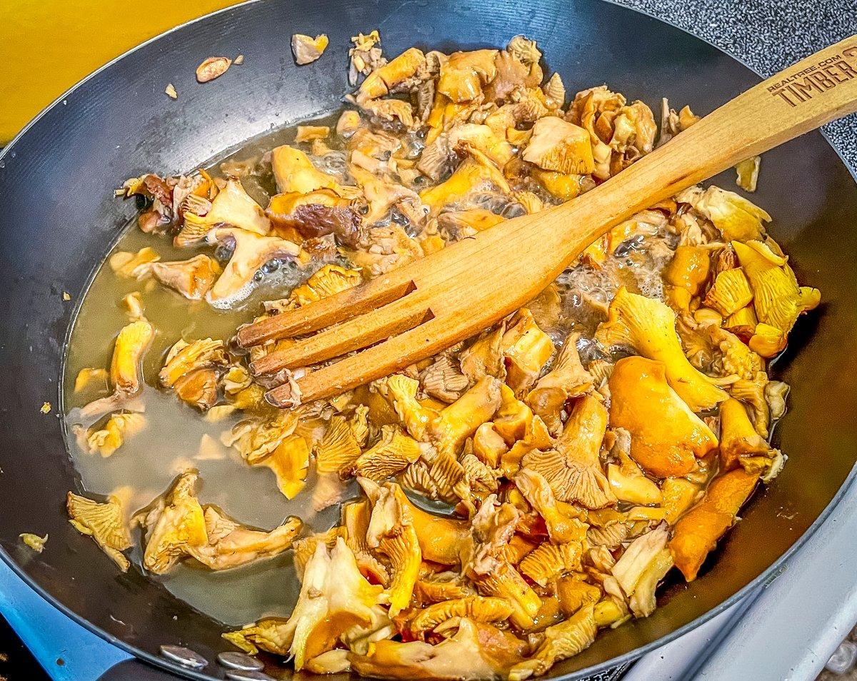 Sauté the mushrooms in a dry pan until the moisture releases and evaporates.